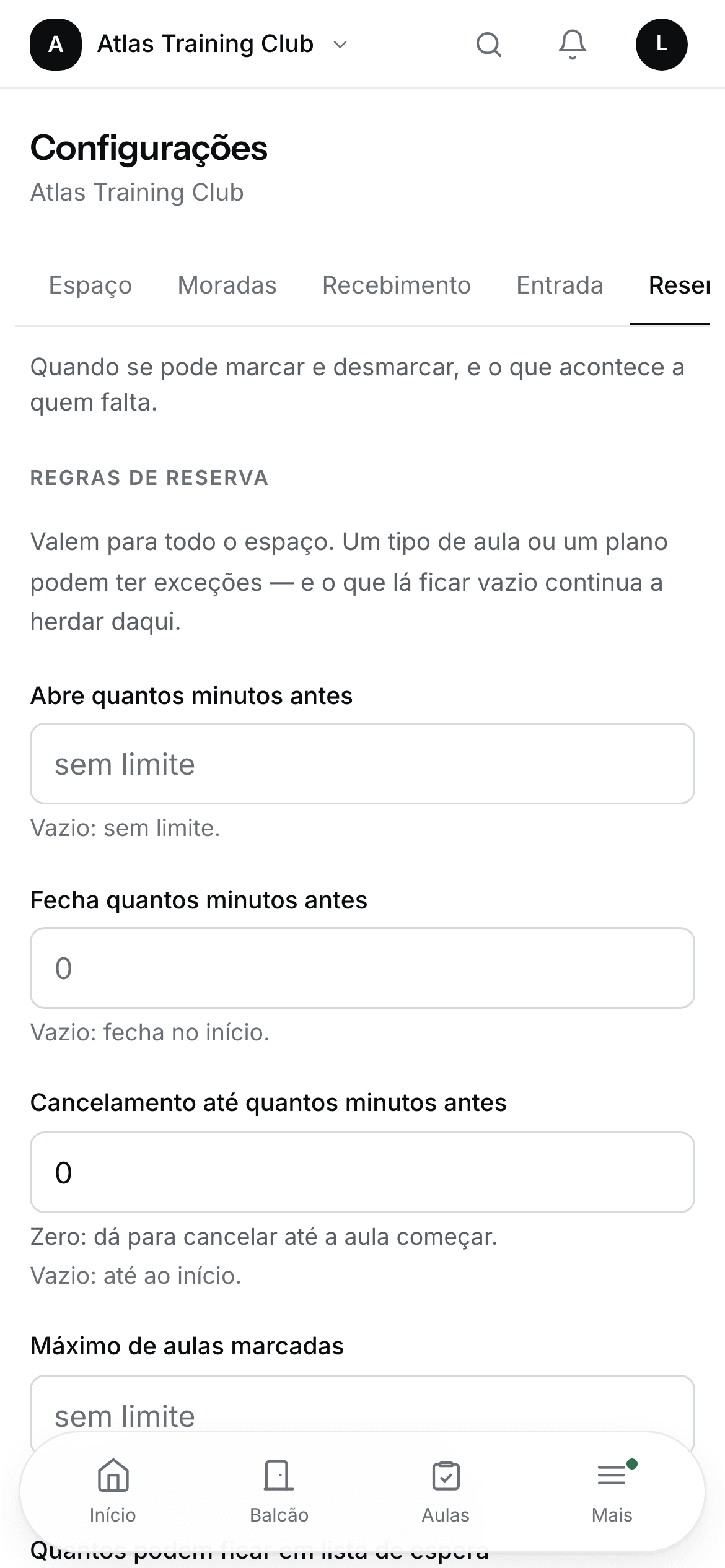 The booking rules of a space, in Settings